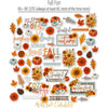 Fall Fun Die Cuts, die cuts spread out image, showing pre-cut scrapbook embellishments for layouts, handmade cards, journals, mini albums, memory pages, and layered paper crafts. Buyer theme: Autumn Scrapbook Die Cuts & Harvest Embellishments. Fall Fun Die Cuts with pumpkins, sunflowers, mums, leaves, pinecones, sprigs, bouquets and autumn title pieces for layered paper projects. Coordinating patterns include Sunflower floral prints, Polka dots and horizontal stripes, Autumn heart pattern