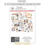 Fright Night Die Cuts, back packaging image, showing pre-cut scrapbook embellishments for layouts, handmade cards, journals, mini albums, memory pages, and layered paper crafts. Buyer theme: Cute Halloween Die Cuts & Spooky Ephemera. Fright Night die cuts with ghosts, mummies, pumpkins, bats, spiders, candy corn, costume kids and cute Halloween phrases. Color palette includes Soft black, charcoal gray, cream, ivory, peach, pumpkin orange, candy corn yellow, gold, lavender and lilac