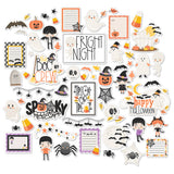 Fright Night Die Cuts, main product image, showing pre-cut scrapbook embellishments for layouts, handmade cards, journals, mini albums, memory pages, and layered paper crafts. Buyer theme: Cute Halloween Die Cuts & Spooky Ephemera. Fright Night die cuts with ghosts, mummies, pumpkins, bats, spiders, candy corn, costume kids and cute Halloween phrases. Color palette includes Soft black, charcoal gray, cream, ivory, peach, pumpkin orange, candy corn yellow, gold, lavender and lilac