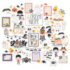 Fright Night Die Cuts, main product image, showing pre-cut scrapbook embellishments for layouts, handmade cards, journals, mini albums, memory pages, and layered paper crafts. Buyer theme: Cute Halloween Die Cuts & Spooky Ephemera. Fright Night die cuts with ghosts, mummies, pumpkins, bats, spiders, candy corn, costume kids and cute Halloween phrases. Color palette includes Soft black, charcoal gray, cream, ivory, peach, pumpkin orange, candy corn yellow, gold, lavender and lilac