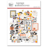 Fright Night Die Cuts, packaging image, showing pre-cut scrapbook embellishments for layouts, handmade cards, journals, mini albums, memory pages, and layered paper crafts. Buyer theme: Cute Halloween Die Cuts & Spooky Ephemera. Fright Night die cuts with ghosts, mummies, pumpkins, bats, spiders, candy corn, costume kids and cute Halloween phrases. Color palette includes Soft black, charcoal gray, cream, ivory, peach, pumpkin orange, candy corn yellow, gold, lavender and lilac