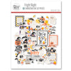 Fright Night Die Cuts, packaging image, showing pre-cut scrapbook embellishments for layouts, handmade cards, journals, mini albums, memory pages, and layered paper crafts. Buyer theme: Cute Halloween Die Cuts & Spooky Ephemera. Fright Night die cuts with ghosts, mummies, pumpkins, bats, spiders, candy corn, costume kids and cute Halloween phrases. Color palette includes Soft black, charcoal gray, cream, ivory, peach, pumpkin orange, candy corn yellow, gold, lavender and lilac