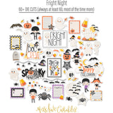 Fright Night Die Cuts, die cuts spread out image, showing pre-cut scrapbook embellishments for layouts, handmade cards, journals, mini albums, memory pages, and layered paper crafts. Buyer theme: Cute Halloween Die Cuts & Spooky Ephemera. Fright Night die cuts with ghosts, mummies, pumpkins, bats, spiders, candy corn, costume kids and cute Halloween phrases. Color palette includes Soft black, charcoal gray, cream, ivory, peach, pumpkin orange, candy corn yellow, gold, lavender and lilac