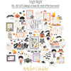 Fright Night Die Cuts, die cuts spread out image, showing pre-cut scrapbook embellishments for layouts, handmade cards, journals, mini albums, memory pages, and layered paper crafts. Buyer theme: Cute Halloween Die Cuts & Spooky Ephemera. Fright Night die cuts with ghosts, mummies, pumpkins, bats, spiders, candy corn, costume kids and cute Halloween phrases. Color palette includes Soft black, charcoal gray, cream, ivory, peach, pumpkin orange, candy corn yellow, gold, lavender and lilac