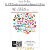 Fun in the Sun Die Cuts, back packaging image, showing pre-cut scrapbook embellishments for layouts, handmade cards, journals, mini albums, memory pages, and layered paper crafts. Buyer theme: Tropical Beach Die Cuts & Scrapbook Embellishments. Fun in the Sun Die Cuts with tropical titles, dolphins, flamingos, sea turtles, toucans, parrots, starfish, coral, shells, palms and flowers for layered paper projects. Designed for Mini albums, Travel journals, Junk journals