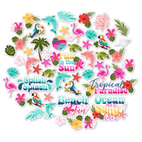 Fun in the Sun Die Cuts, main product image, showing pre-cut scrapbook embellishments for layouts, handmade cards, journals, mini albums, memory pages, and layered paper crafts. Buyer theme: Tropical Beach Die Cuts & Scrapbook Embellishments. Fun in the Sun Die Cuts with tropical titles, dolphins, flamingos, sea turtles, toucans, parrots, starfish, coral, shells, palms and flowers for layered paper projects