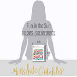 Fun in the Sun Die Cuts, size guide image, showing pre-cut scrapbook embellishments for layouts, handmade cards, journals, mini albums, memory pages, and layered paper crafts. Buyer theme: Tropical Beach Die Cuts & Scrapbook Embellishments. Fun in the Sun Die Cuts with tropical titles, dolphins, flamingos, sea turtles, toucans, parrots, starfish, coral, shells, palms and flowers for layered paper projects. Designed for Ocean adventure memory pages, Summer card making, Mini albums