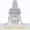 Fun in the Sun Die Cuts, size guide image, showing pre-cut scrapbook embellishments for layouts, handmade cards, journals, mini albums, memory pages, and layered paper crafts. Buyer theme: Tropical Beach Die Cuts & Scrapbook Embellishments. Fun in the Sun Die Cuts with tropical titles, dolphins, flamingos, sea turtles, toucans, parrots, starfish, coral, shells, palms and flowers for layered paper projects. Designed for Ocean adventure memory pages, Summer card making, Mini albums
