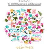 Fun in the Sun Die Cuts, die cuts spread out image, showing pre-cut scrapbook embellishments for layouts, handmade cards, journals, mini albums, memory pages, and layered paper crafts. Buyer theme: Tropical Beach Die Cuts & Scrapbook Embellishments. Fun in the Sun Die Cuts with tropical titles, dolphins, flamingos, sea turtles, toucans, parrots, starfish, coral, shells, palms and flowers for layered paper projects. Designed for Summer card making, Mini albums, Travel journals