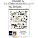 Generations of Love Monthly Subscription Box - Premium + 6x6. back packaging image showing product information and preview artwork. full-size scrapbook die cuts with family titles, birds, butterflies, floral bouquets, labels, antique frames, borders, and vintage embellishments. featuring family title word art, neutral family word collage, sage green. for card making.