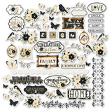 Generations of Love Die Cuts, main product image, showing pre-cut scrapbook embellishments for layouts, handmade cards, journals, mini albums, memory pages, and layered paper crafts. Buyer theme: Genealogy Die Cuts & Heritage Embellishments. Generations of Love Die Cuts with family relationship titles, vintage florals, songbirds, butterflies, leafy branches, frames, labels and decorative borders. Coordinating patterns include Vintage floral repeats, Family relationship typography, Polka dots