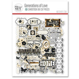Generations of Love Monthly Subscription Box - Premium + 6x6. front packaging image showing the product title, branded presentation, and visible artwork preview. full-size scrapbook die cuts with family titles, birds, butterflies, floral bouquets, labels, antique frames, borders, and vintage embellishments. featuring vintage labels and postage-style squares, charcoal polka dots, olive green. for journals.