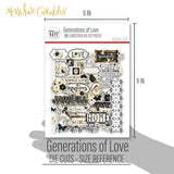 Generations of Love Monthly Box Add-On - Die Cuts. product shown for scale to demonstrate relative size and proportions. full-size scrapbook die cuts with family titles, birds, butterflies, floral bouquets, labels, antique frames, borders, and vintage embellishments. featuring birds on leafy branches, black botanical paper, ivory. for heritage albums.