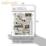 Generations of Love Die Cuts, size guide shown in hand for scale, showing pre-cut scrapbook embellishments for layouts, handmade cards, journals, mini albums, memory pages, and layered paper crafts. Buyer theme: Genealogy Die Cuts & Heritage Embellishments. Generations of Love Die Cuts with family relationship titles, vintage florals, songbirds, butterflies, leafy branches, frames, labels and decorative borders. Designed for Genealogy albums, Family tree memory books, Grandparent photo pages