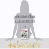Generations of Love Monthly Box Add-On - Die Cuts. product shown for scale to demonstrate relative size and proportions. full-size scrapbook die cuts with family titles, birds, butterflies, floral bouquets, labels, antique frames, borders, and vintage embellishments. featuring cream and black butterflies, olive lattice pattern, warm taupe. for genealogy pages.