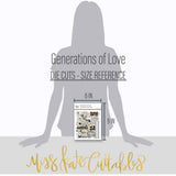 Generations of Love Die Cuts, size guide image, showing pre-cut scrapbook embellishments for layouts, handmade cards, journals, mini albums, memory pages, and layered paper crafts. Buyer theme: Genealogy Die Cuts & Heritage Embellishments. Generations of Love Die Cuts with family relationship titles, vintage florals, songbirds, butterflies, leafy branches, frames, labels and decorative borders. Coordinating patterns include Polka dots, Pinstripes, Diamond lattice