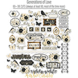 Generations of Love Monthly Subscription Box - Premium + 6x6. full assortment of die cuts spread out to show family titles, birds, butterflies, floral bouquets, frames, labels, borders, and layered embellishments. coordinating scrapbook bundle with 12x12 paper, 6x6 paper, cardstock, die cuts, and stickers. featuring vintage labels and postage-style squares, charcoal polka dots, antique gold. for journals.