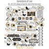 Generations of Love Monthly Subscription Box - Premium + 6x6. full assortment of die cuts spread out to show family titles, birds, butterflies, floral bouquets, frames, labels, borders, and layered embellishments. coordinating scrapbook bundle with 12x12 paper, 6x6 paper, cardstock, die cuts, and stickers. featuring vintage labels and postage-style squares, charcoal polka dots, antique gold. for journals.
