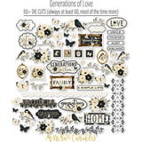 Generations of Love Die Cuts, die cuts spread out image, showing pre-cut scrapbook embellishments for layouts, handmade cards, journals, mini albums, memory pages, and layered paper crafts. Buyer theme: Genealogy Die Cuts & Heritage Embellishments. Generations of Love Die Cuts with family relationship titles, vintage florals, songbirds, butterflies, leafy branches, frames, labels and decorative borders. Coordinating patterns include Pinstripes, Diamond lattice, Floral argyle