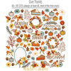 Give Thanks Collection, die cuts spread out image, showing coordinated Paper & Sticker Kit, full-size Die Cuts, and Sticker Sheet for scrapbook layouts, memory albums, cards, journals, and keepsakes. Buyer theme: Coordinated Thanksgiving Scrapbook Collection. Give Thanks coordinated Thanksgiving scrapbook collection with 12x12 paper, die cuts and a sticker sheet. Color palette includes Pumpkin orange, rust, harvest gold, mustard yellow, dusty aqua, teal, sage, olive, cream, tan and brown
