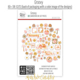 Groovy Die Cuts, back packaging image, showing pre-cut scrapbook embellishments for layouts, handmade cards, journals, mini albums, memory pages, and layered paper crafts. Buyer theme: Retro Summer Die Cuts & 70s Scrapbook Embellishments. Groovy Die Cuts with retro summer titles, smiling daisies, smiley faces, sunbursts, palm trees, florals, popsicles, ice cream, frames and playful 70s accents. Designed for Mini albums, Junk journals, Sunny day memory keeping