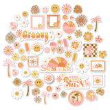Groovy Die Cuts, main product image, showing pre-cut scrapbook embellishments for layouts, handmade cards, journals, mini albums, memory pages, and layered paper crafts. Buyer theme: Retro Summer Die Cuts & 70s Scrapbook Embellishments. Groovy Die Cuts with retro summer titles, smiling daisies, smiley faces, sunbursts, palm trees, florals, popsicles, ice cream, frames and playful 70s accents. Designed for Retro summer scrapbook layouts, Vacation photo albums, Sunny summer memory pages