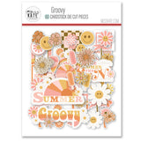 Groovy Die Cuts, packaging image, showing pre-cut scrapbook embellishments for layouts, handmade cards, journals, mini albums, memory pages, and layered paper crafts. Buyer theme: Retro Summer Die Cuts & 70s Scrapbook Embellishments. Groovy Die Cuts with retro summer titles, smiling daisies, smiley faces, sunbursts, palm trees, florals, popsicles, ice cream, frames and playful 70s accents. Designed for Junk journals, Sunny day memory keeping, Groovy paper crafting