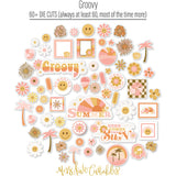 Groovy Die Cuts, die cuts spread out image, showing pre-cut scrapbook embellishments for layouts, handmade cards, journals, mini albums, memory pages, and layered paper crafts. Buyer theme: Retro Summer Die Cuts & 70s Scrapbook Embellishments. Groovy Die Cuts with retro summer titles, smiling daisies, smiley faces, sunbursts, palm trees, florals, popsicles, ice cream, frames and playful 70s accents. Coordinating patterns include Polka dots and gingham, Wavy sunset stripes, Smiley flower repeats