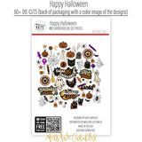 Happy Halloween Die Cuts, back packaging image, showing pre-cut scrapbook embellishments for layouts, handmade cards, journals, mini albums, memory pages, and layered paper crafts. Buyer theme: Vintage Halloween Die Cuts & Ephemera. Happy Halloween die cuts with ghosts, pumpkins, bats, spiders, spiderwebs, black cats, haunted-house accents, candy icons and retro Halloween phrases. Use the coordinating pieces to layer around photographs, journaling, titles, and paper details