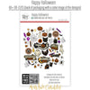 Happy Halloween Die Cuts, back packaging image, showing pre-cut scrapbook embellishments for layouts, handmade cards, journals, mini albums, memory pages, and layered paper crafts. Buyer theme: Vintage Halloween Die Cuts & Ephemera. Happy Halloween die cuts with ghosts, pumpkins, bats, spiders, spiderwebs, black cats, haunted-house accents, candy icons and retro Halloween phrases. Use the coordinating pieces to layer around photographs, journaling, titles, and paper details