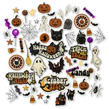 Happy Halloween Die Cuts, main product image, showing pre-cut scrapbook embellishments for layouts, handmade cards, journals, mini albums, memory pages, and layered paper crafts. Buyer theme: Vintage Halloween Die Cuts & Ephemera. Happy Halloween die cuts with ghosts, pumpkins, bats, spiders, spiderwebs, black cats, haunted-house accents, candy icons and retro Halloween phrases. Scrapbook die cuts, paper embellishments, card making accents, journal decorations, and layered paper craft supplies