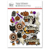 Happy Halloween Die Cuts, packaging image, showing pre-cut scrapbook embellishments for layouts, handmade cards, journals, mini albums, memory pages, and layered paper crafts. Buyer theme: Vintage Halloween Die Cuts & Ephemera. Happy Halloween die cuts with ghosts, pumpkins, bats, spiders, spiderwebs, black cats, haunted-house accents, candy icons and retro Halloween phrases. Scrapbook die cuts, paper embellishments, card making accents, journal decorations, and layered paper craft supplies