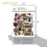 Happy Halloween Die Cuts, size guide shown in hand for scale, showing pre-cut scrapbook embellishments for layouts, handmade cards, journals, mini albums, memory pages, and layered paper crafts. Buyer theme: Vintage Halloween Die Cuts & Ephemera. Happy Halloween die cuts with ghosts, pumpkins, bats, spiders, spiderwebs, black cats, haunted-house accents, candy icons and retro Halloween phrases. Use the coordinating pieces to layer around photographs, journaling, titles, and paper details