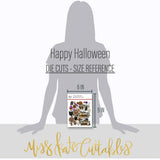 Happy Halloween Die Cuts, size guide image, showing pre-cut scrapbook embellishments for layouts, handmade cards, journals, mini albums, memory pages, and layered paper crafts. Buyer theme: Vintage Halloween Die Cuts & Ephemera. Happy Halloween die cuts with ghosts, pumpkins, bats, spiders, spiderwebs, black cats, haunted-house accents, candy icons and retro Halloween phrases. Scrapbook die cuts, paper embellishments, card making accents, journal decorations, and layered paper craft supplies