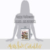 Happy Halloween Die Cuts, size guide image, showing pre-cut scrapbook embellishments for layouts, handmade cards, journals, mini albums, memory pages, and layered paper crafts. Buyer theme: Vintage Halloween Die Cuts & Ephemera. Happy Halloween die cuts with ghosts, pumpkins, bats, spiders, spiderwebs, black cats, haunted-house accents, candy icons and retro Halloween phrases. Scrapbook die cuts, paper embellishments, card making accents, journal decorations, and layered paper craft supplies