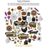 Happy Halloween Collection, die cuts spread out image, showing coordinated Paper & Sticker Kit, full-size Die Cuts, and Sticker Sheet for scrapbook layouts, memory albums, cards, journals, and keepsakes. Buyer theme: Coordinated Vintage Halloween Collection. Happy Halloween coordinated scrapbook collection with 12x12 paper, stickers and die-cut Halloween embellishments. Scrapbook collection, paper and sticker supplies, die cut embellishments, and coordinated memory keeping products