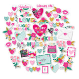 Happy Valentines Day Die Cuts, main product image, showing pre-cut scrapbook embellishments for layouts, handmade cards, journals, mini albums, memory pages, and layered paper crafts. Buyer theme: Valentine Die Cuts & Scrapbook Ephemera. Happy Valentines Day die cuts with hearts, florals, love notes, raccoons, kisses, typewriter, camera and romantic phrases. Color palette includes Hot pink, blush pink, aqua, emerald teal, mustard gold, charcoal black and white