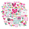 Happy Valentines Day Die Cuts, main product image, showing pre-cut scrapbook embellishments for layouts, handmade cards, journals, mini albums, memory pages, and layered paper crafts. Buyer theme: Valentine Die Cuts & Scrapbook Ephemera. Happy Valentines Day die cuts with hearts, florals, love notes, raccoons, kisses, typewriter, camera and romantic phrases. Color palette includes Hot pink, blush pink, aqua, emerald teal, mustard gold, charcoal black and white