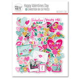 Happy Valentines Day Die Cuts, packaging image, showing pre-cut scrapbook embellishments for layouts, handmade cards, journals, mini albums, memory pages, and layered paper crafts. Buyer theme: Valentine Die Cuts & Scrapbook Ephemera. Happy Valentines Day die cuts with hearts, florals, love notes, raccoons, kisses, typewriter, camera and romantic phrases. Color palette includes Hot pink, blush pink, aqua, emerald teal, mustard gold, charcoal black and white