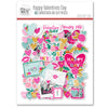 Happy Valentines Day Die Cuts, packaging image, showing pre-cut scrapbook embellishments for layouts, handmade cards, journals, mini albums, memory pages, and layered paper crafts. Buyer theme: Valentine Die Cuts & Scrapbook Ephemera. Happy Valentines Day die cuts with hearts, florals, love notes, raccoons, kisses, typewriter, camera and romantic phrases. Color palette includes Hot pink, blush pink, aqua, emerald teal, mustard gold, charcoal black and white