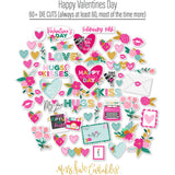 Happy Valentines Day Die Cuts, die cuts spread out image, showing pre-cut scrapbook embellishments for layouts, handmade cards, journals, mini albums, memory pages, and layered paper crafts. Buyer theme: Valentine Die Cuts & Scrapbook Ephemera. Happy Valentines Day die cuts with hearts, florals, love notes, raccoons, kisses, typewriter, camera and romantic phrases. Color palette includes Hot pink, blush pink, aqua, emerald teal, mustard gold, charcoal black and white