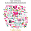 Happy Valentines Day Die Cuts, die cuts spread out image, showing pre-cut scrapbook embellishments for layouts, handmade cards, journals, mini albums, memory pages, and layered paper crafts. Buyer theme: Valentine Die Cuts & Scrapbook Ephemera. Happy Valentines Day die cuts with hearts, florals, love notes, raccoons, kisses, typewriter, camera and romantic phrases. Color palette includes Hot pink, blush pink, aqua, emerald teal, mustard gold, charcoal black and white