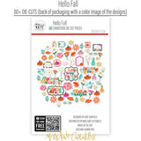 Hello Fall Die Cuts, back packaging image, showing pre-cut scrapbook embellishments for layouts, handmade cards, journals, mini albums, memory pages, and layered paper crafts. Buyer theme: Autumn Die Cuts & Fall Scrapbook Embellishments. Hello Fall Die Cuts with autumn titles, pumpkins, gourds, colorful leaves, daisies, coneflowers, botanical sprigs, tags, labels and framed accents. Coordinating patterns include Falling leaf patterns, Bright polka dots, Diagonal autumn stripes