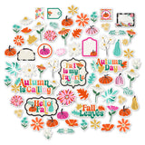 Hello Fall Die Cuts, main product image, showing pre-cut scrapbook embellishments for layouts, handmade cards, journals, mini albums, memory pages, and layered paper crafts. Buyer theme: Autumn Die Cuts & Fall Scrapbook Embellishments. Hello Fall Die Cuts with autumn titles, pumpkins, gourds, colorful leaves, daisies, coneflowers, botanical sprigs, tags, labels and framed accents. Coordinating patterns include Orange and teal checkerboards, Black and orange houndstooth, Colorful autumn florals