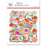 Hello Fall Die Cuts, packaging image, showing pre-cut scrapbook embellishments for layouts, handmade cards, journals, mini albums, memory pages, and layered paper crafts. Buyer theme: Autumn Die Cuts & Fall Scrapbook Embellishments. Hello Fall Die Cuts with autumn titles, pumpkins, gourds, colorful leaves, daisies, coneflowers, botanical sprigs, tags, labels and framed accents. Coordinating patterns include Bright polka dots, Diagonal autumn stripes, Dark botanical prints