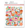 Hello Fall Die Cuts, packaging image, showing pre-cut scrapbook embellishments for layouts, handmade cards, journals, mini albums, memory pages, and layered paper crafts. Buyer theme: Autumn Die Cuts & Fall Scrapbook Embellishments. Hello Fall Die Cuts with autumn titles, pumpkins, gourds, colorful leaves, daisies, coneflowers, botanical sprigs, tags, labels and framed accents. Coordinating patterns include Bright polka dots, Diagonal autumn stripes, Dark botanical prints