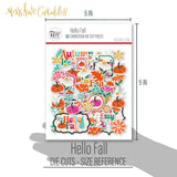 Hello Fall Die Cuts, size guide shown in hand for scale, showing pre-cut scrapbook embellishments for layouts, handmade cards, journals, mini albums, memory pages, and layered paper crafts. Buyer theme: Autumn Die Cuts & Fall Scrapbook Embellishments. Hello Fall Die Cuts with autumn titles, pumpkins, gourds, colorful leaves, daisies, coneflowers, botanical sprigs, tags, labels and framed accents. Designed for Pumpkin patch photo albums, Autumn family memories, Card making