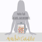 Hello Fall Die Cuts, size guide image, showing pre-cut scrapbook embellishments for layouts, handmade cards, journals, mini albums, memory pages, and layered paper crafts. Buyer theme: Autumn Die Cuts & Fall Scrapbook Embellishments. Hello Fall Die Cuts with autumn titles, pumpkins, gourds, colorful leaves, daisies, coneflowers, botanical sprigs, tags, labels and framed accents. Coordinating patterns include Colorful autumn florals, Pumpkin and gourd repeats, Falling leaf patterns