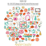 Hello Fall Die Cuts, die cuts spread out image, showing pre-cut scrapbook embellishments for layouts, handmade cards, journals, mini albums, memory pages, and layered paper crafts. Buyer theme: Autumn Die Cuts & Fall Scrapbook Embellishments. Hello Fall Die Cuts with autumn titles, pumpkins, gourds, colorful leaves, daisies, coneflowers, botanical sprigs, tags, labels and framed accents. Coordinating patterns include Pumpkin and gourd repeats, Falling leaf patterns, Bright polka dots