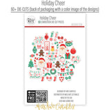 Holiday Cheer Die Cuts, back packaging image, showing pre-cut scrapbook embellishments for layouts, handmade cards, journals, mini albums, memory pages, and layered paper crafts. Buyer theme: Christmas Die Cuts & Holiday Scrapbook Embellishments. Holiday Cheer Die Cuts with Christmas titles, Santa faces, gingerbread cookies, candy canes, stockings, ornaments, presents, wreaths, cocoa mugs, snowflakes, bows and sweets. Designed for Card making, Mini albums, Junk journals